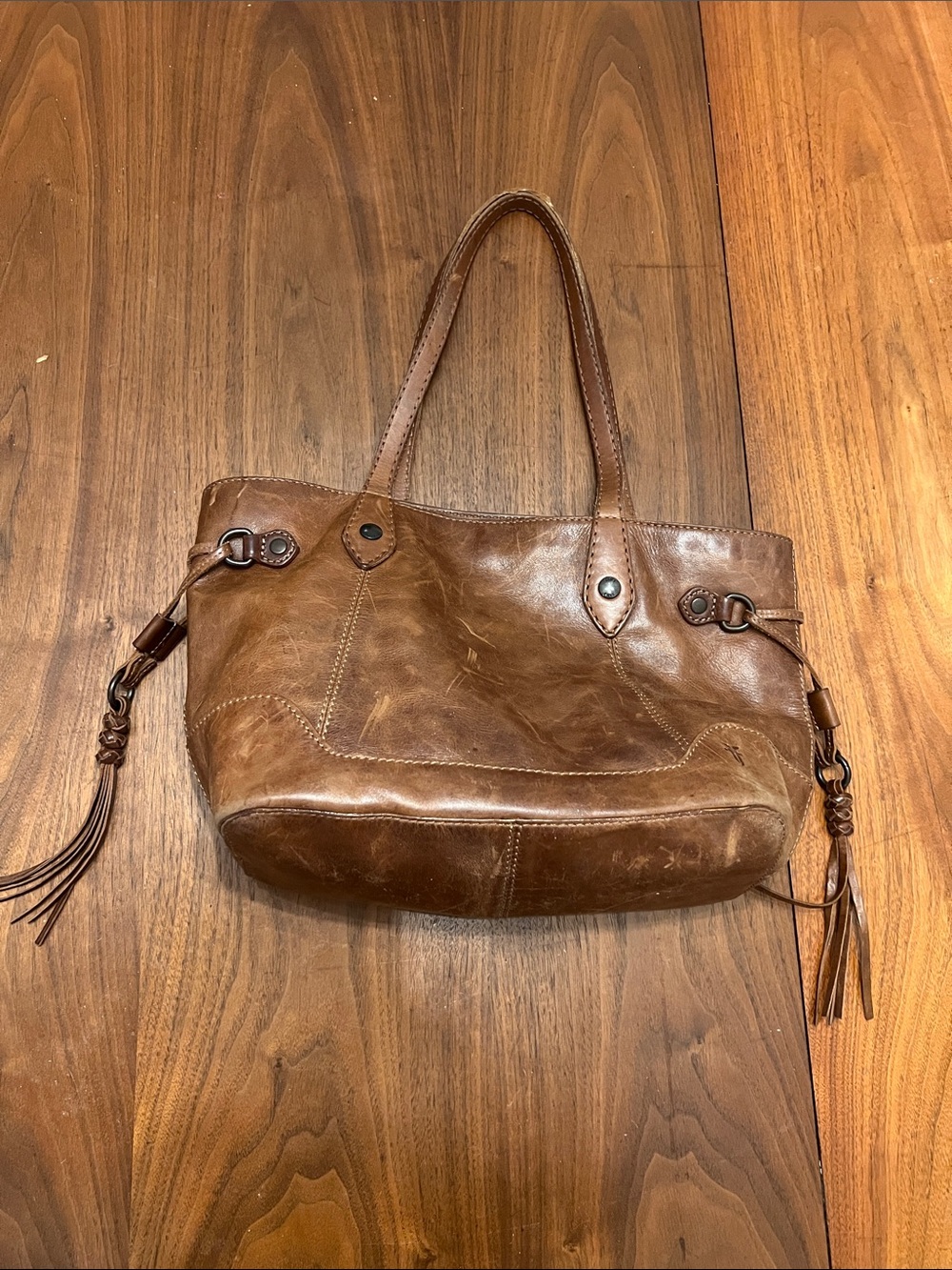 Frye Cognac Brown Leather Tote with Tassel Accents